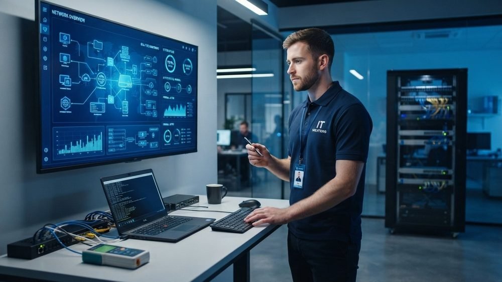 IT technician working with a network overview and server rack