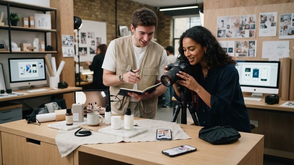 Two marketers reviewing product photography together